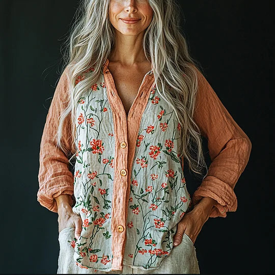 Women's Retro Loose Bohemia Floral  Contrast Panel  Print Casual Shirt elevenforest