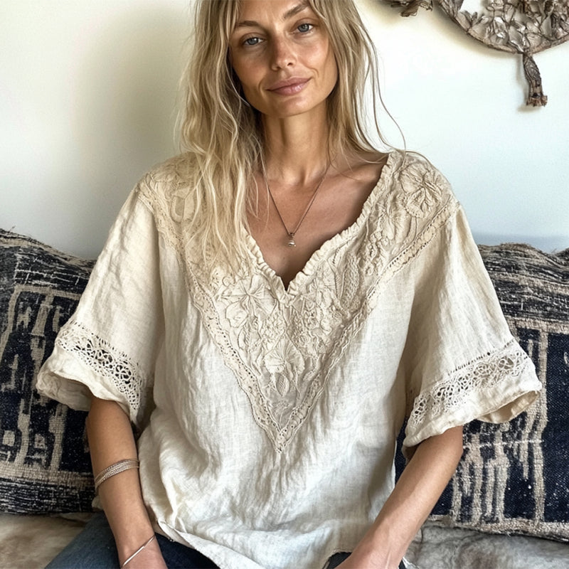 Vintage Lace Art Cotton Linen V Neck Comfy Shirt elevenforest