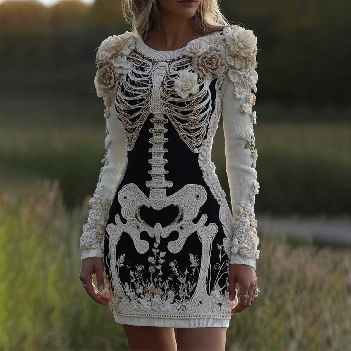 Women's Halloween Skeleton Bones With Rose Art Cozy Knit Mini Sweater Dress elevenforest