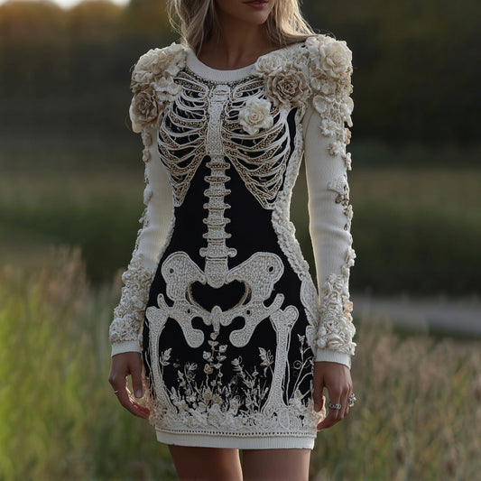 Women's Halloween Skeleton Bones With Rose Art Cozy Knit Mini Sweater Dress elevenforest