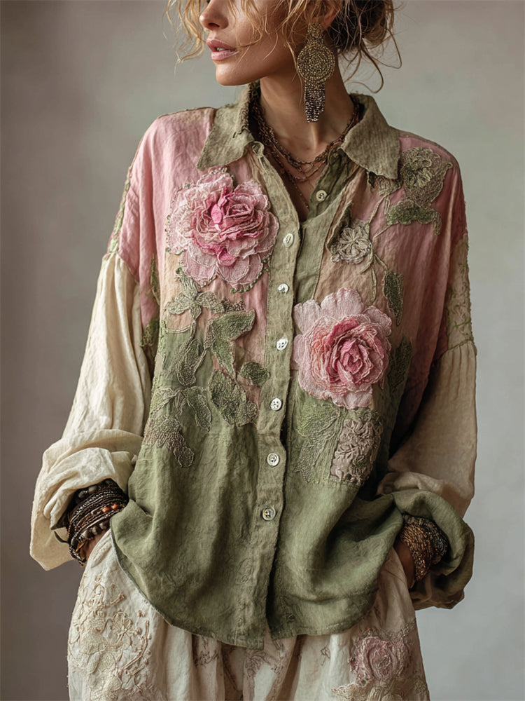 Pink Roses Fiber Art Boho Patchwork Flowy Linen Blouse elevenforest