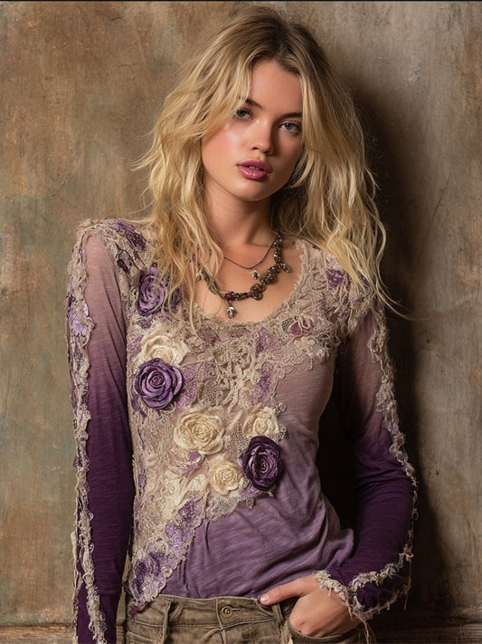 Boho Purple Floral Embroidery Women's Long Sleeve T-shirt elevenforest
