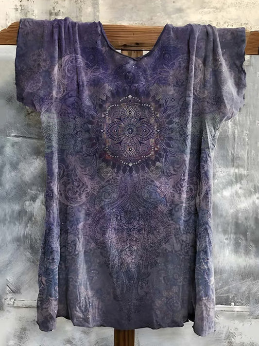 Comstylish Women's Hippie Print V-neck T-shirt