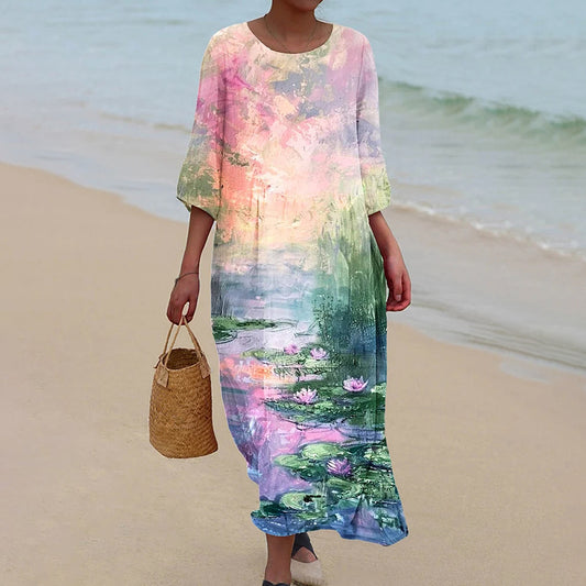 Women's Vintage Oil Painting Crew Neck Linen Blend Midi Dress elevenforest