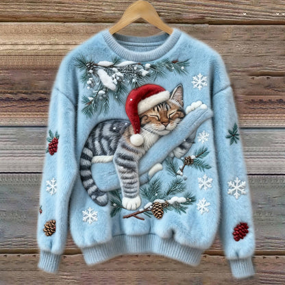 Christmas Lazy Cat Art Women's Cozy Plush Sweater elevenforest
