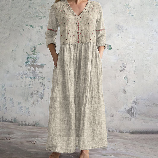Comstylish Vintage Floral Embroidered Art Women's Linen Dress