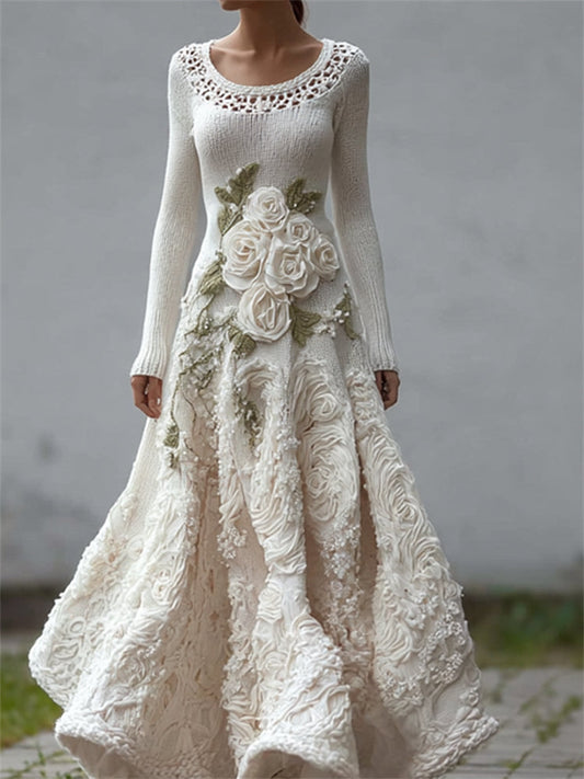Comstylish Classy White Roses Lace Patchwork Cozy Maxi Sweater Dress