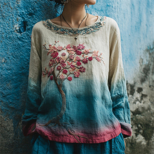 Vintage Plum Flower Embroidery Women's Linen Long Sleeve Shirt elevenforest