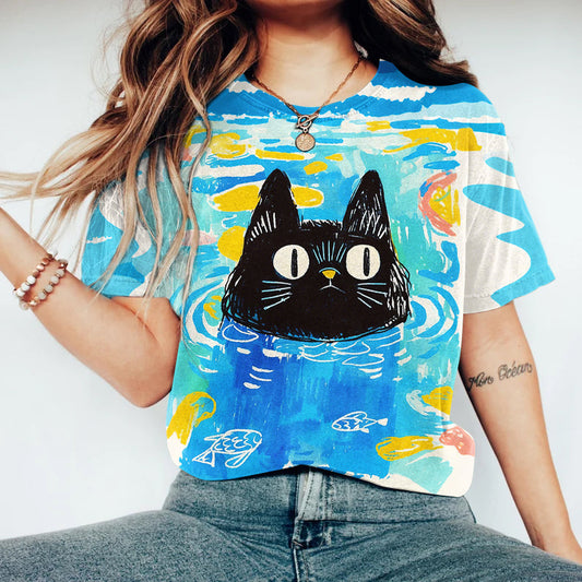 Women's Funny Cat Art Print Crew Neck Short Sleeve T-shirt elevenforest