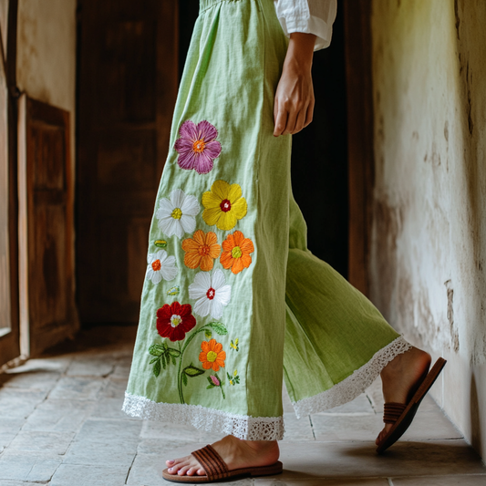Retro Boho Floral Lace Embroidery Art Cotton Linen Wide Leg Pants elevenforest