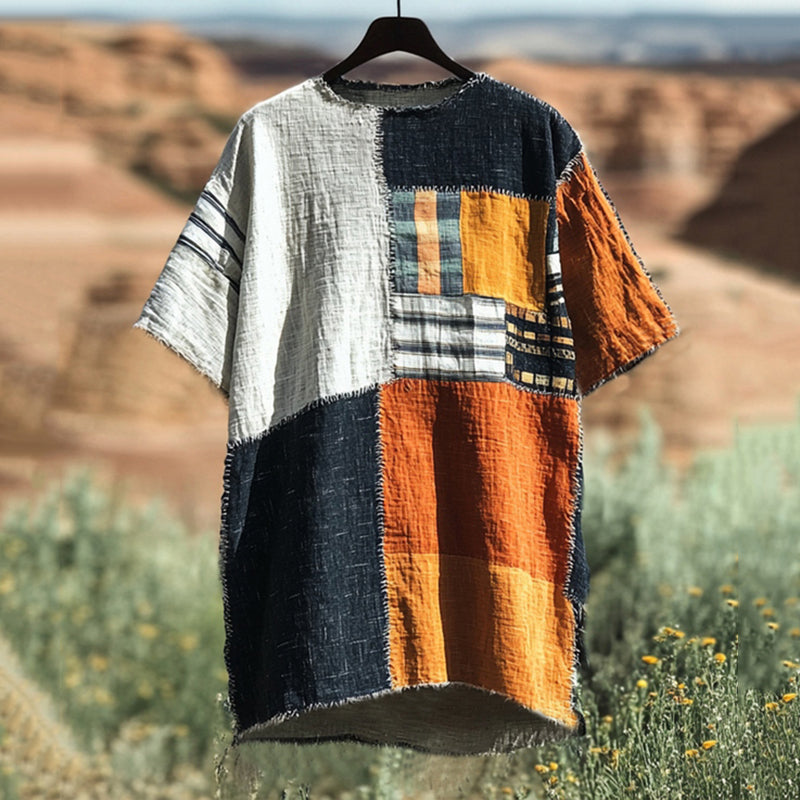 Men's Contrast Color Patchwork Linen T-shirt elevenforest