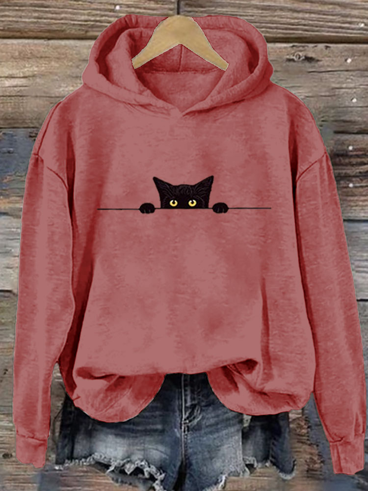 Women's Casual Funny Black Cat Print Hoodie elevenforest