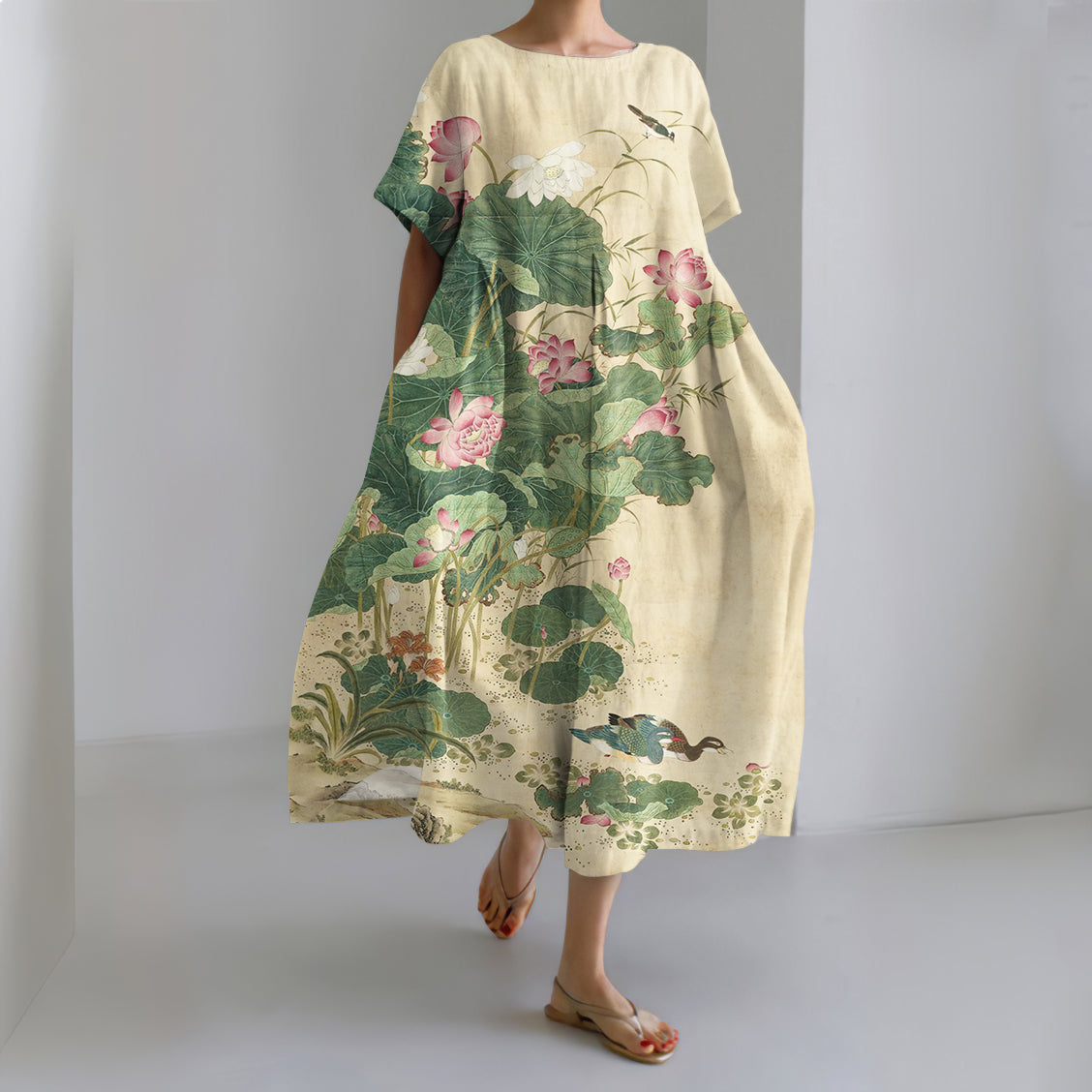 Comstylish Women's Japanese Art Floral Print Short Sleeve Midi Dress