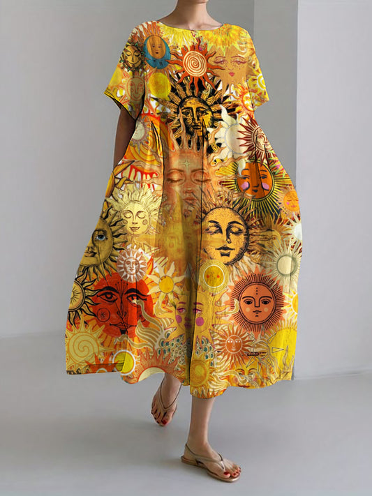Comstylish Litha Midsummer Sun Boho Art Linen Maxi Dress