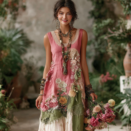 Women's Floral Patchwork Embroidered Sleeveless Round Neck Dress elevenforest