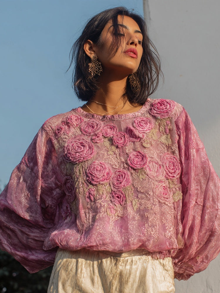 Vintage Pink Lace Rose Embroidered Glitter Linen Shirt elevenforest