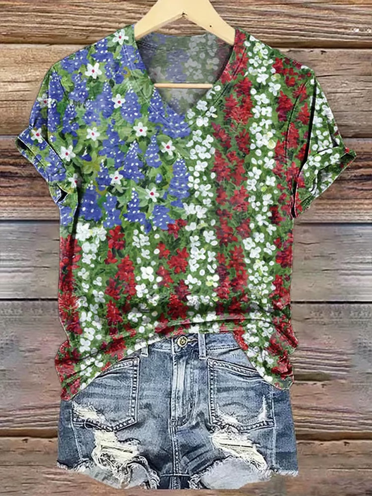 Comstylish Women's Hippie Print V-neck T-shirt