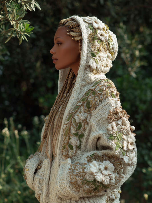 Women's Bohemian Style Plant Flower Pattern Embroidered Hooded Sweater Jacket elevenforest