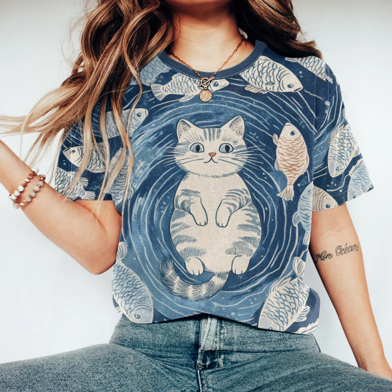 Comstylish Abstract Creative Cute Cat And Fish Art Print Cotton Graphic T-shirt