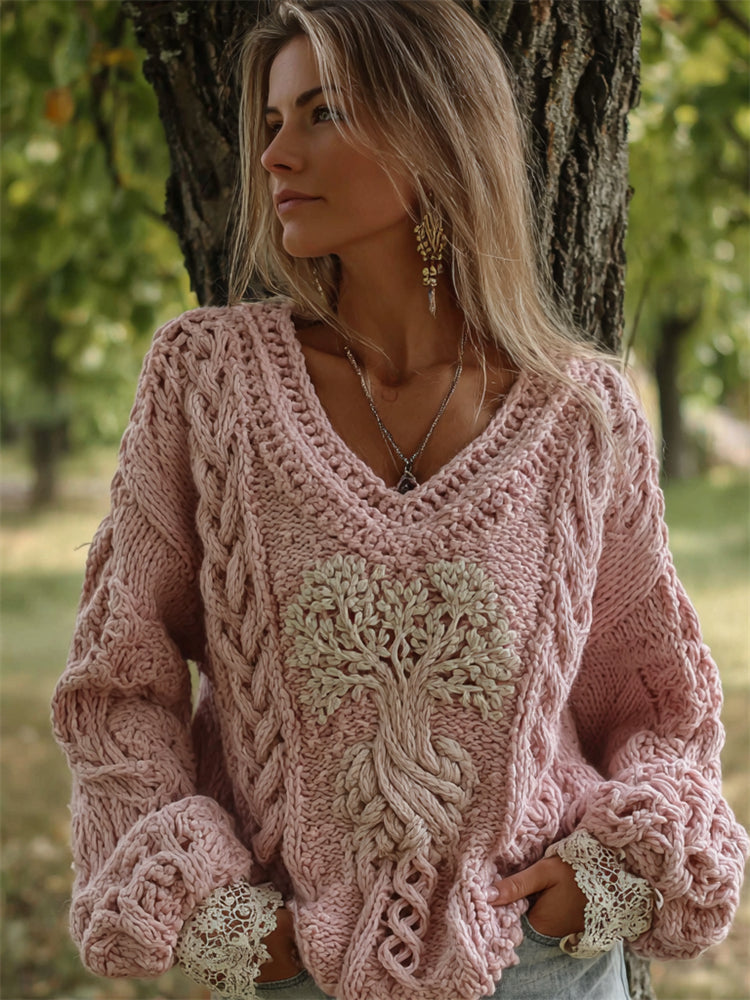 Vintage Pink Tree Of Life V Neck Cozy Cable Knit Sweater artswardrobe
