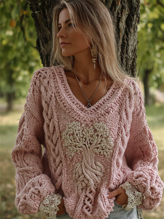 Vintage Pink Tree Of Life V Neck Cozy Cable Knit Sweater artswardrobe