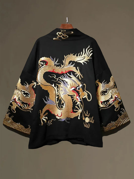 Men's Vintage Japanese Art Dragon Embroidery Print Coat elevenforest