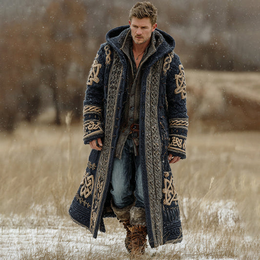 Men's Viking Celtic Knot Art Mid-length Chunky Knit Cardigan Sweater artswardrobe