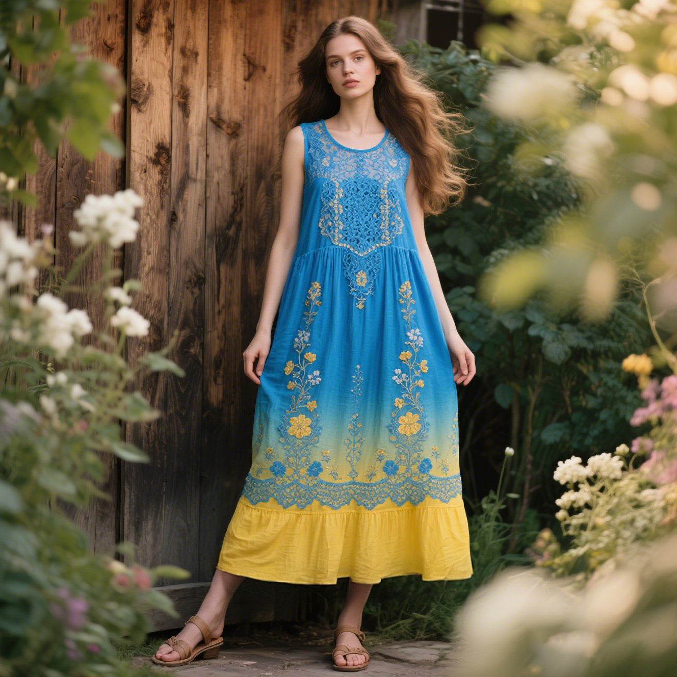 Retro Sunflower Irregular Gradient Cotton And Linen Sleeveless Dress elevenforest