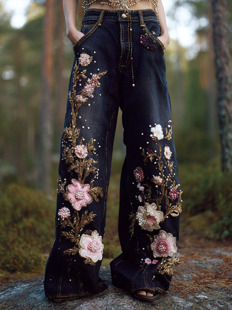 Bohemian Style Women's Plant Flower Embroidery Loose Fit Wide Leg Straight Leg Denim Long Pants elevenforest