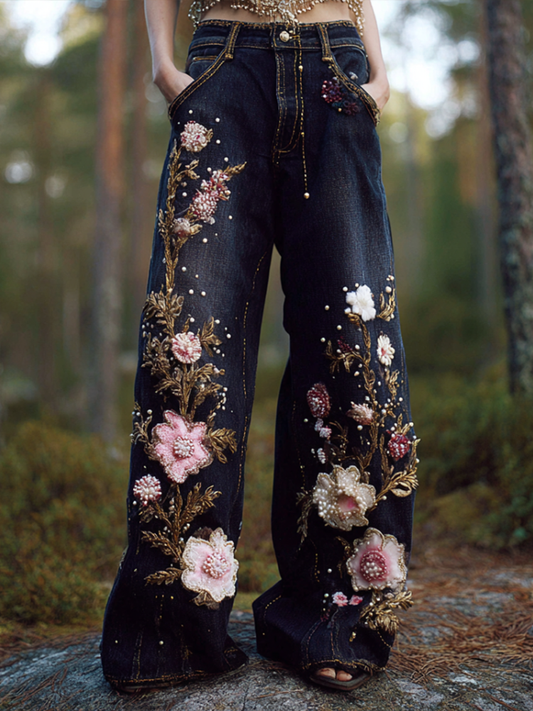 Bohemian Style Women's Plant Flower Embroidery Loose Fit Wide Leg Straight Leg Denim Long Pants elevenforest