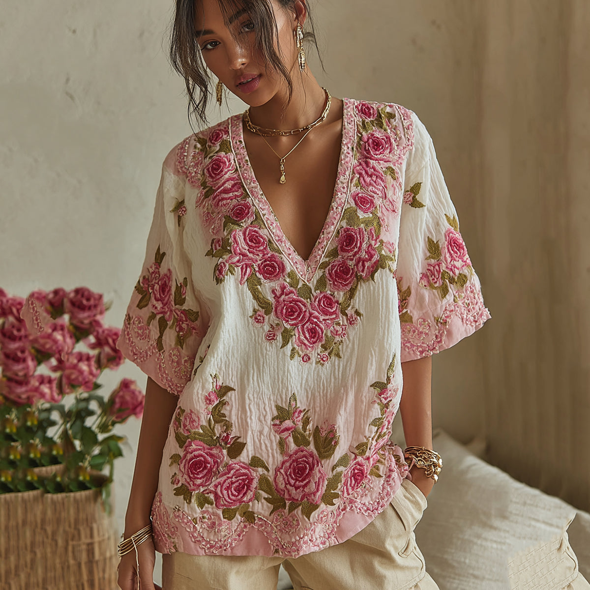 Women's Vintage Rose Floral Gradient Art V Neck Linen Comfy T-shirt elevenforest