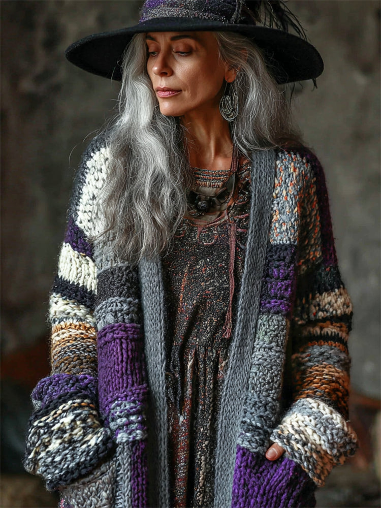 Halloween Witch Inspired Geometric Colorblock Cozy Chunky Cardigan artswardrobe