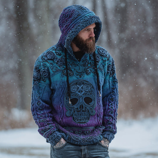Men's Viking Tribal Jacquard Celtic With Rose And Skull Inspired Chunky Knit Hooded Sweater artswardrobe