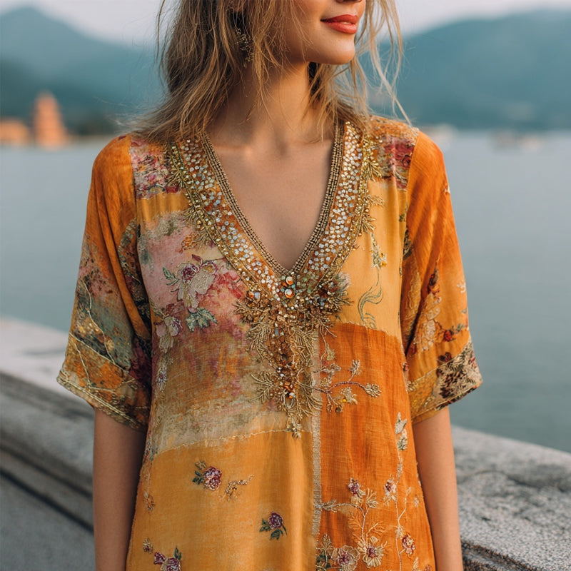 Vintage Floral Patchwork V Neck Comfy Linen Shirt elevenforest