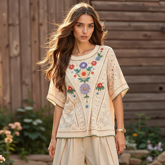 Women's Bohemian Floral Art Linen Short Sleeve T-shirt elevenforest
