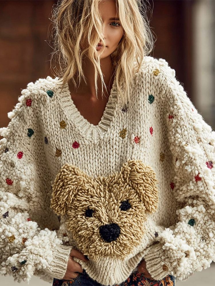 Lady Retro Cute Dog Plush Comfortable Knitted Sweater. elevenforest