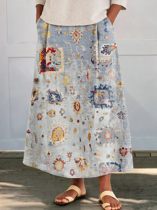 Women's Ethnic Totem Floral Art Print Cotton and Linen Pocket Skirt