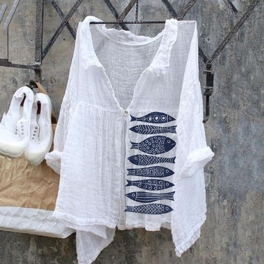 Vintage Japanese Art Fish Linen V Neck Button Comfy Shirt elevenforest