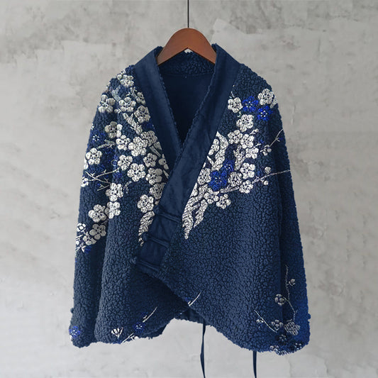 Japanese Floral Lino Art Cozy Fleece Kimono Cardigan elevenforest