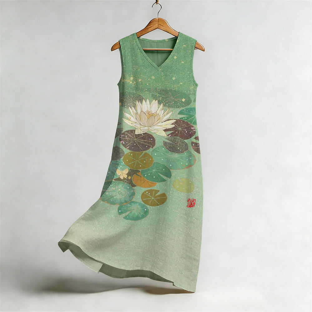 Comstylish Lotus Flower Japanese Art Flowy Linen Midi Dress