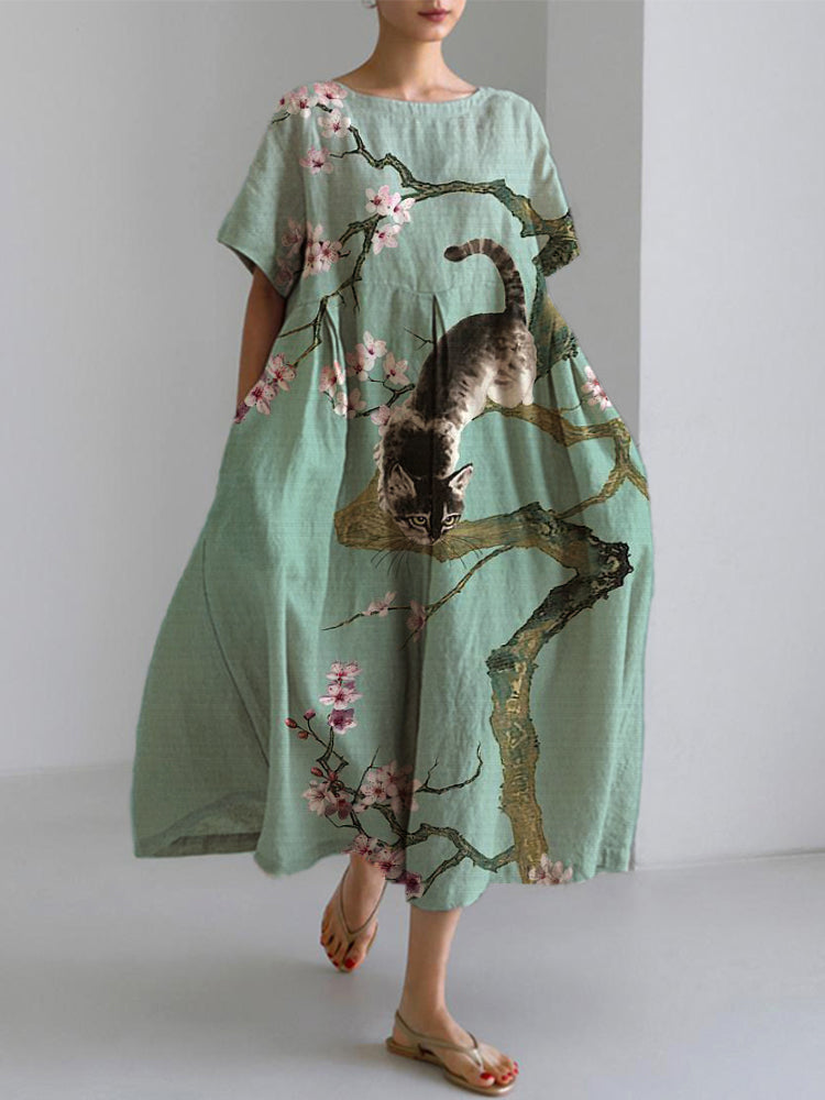 Japanese Art Plum Blossom Cat Print Dress elevenforest