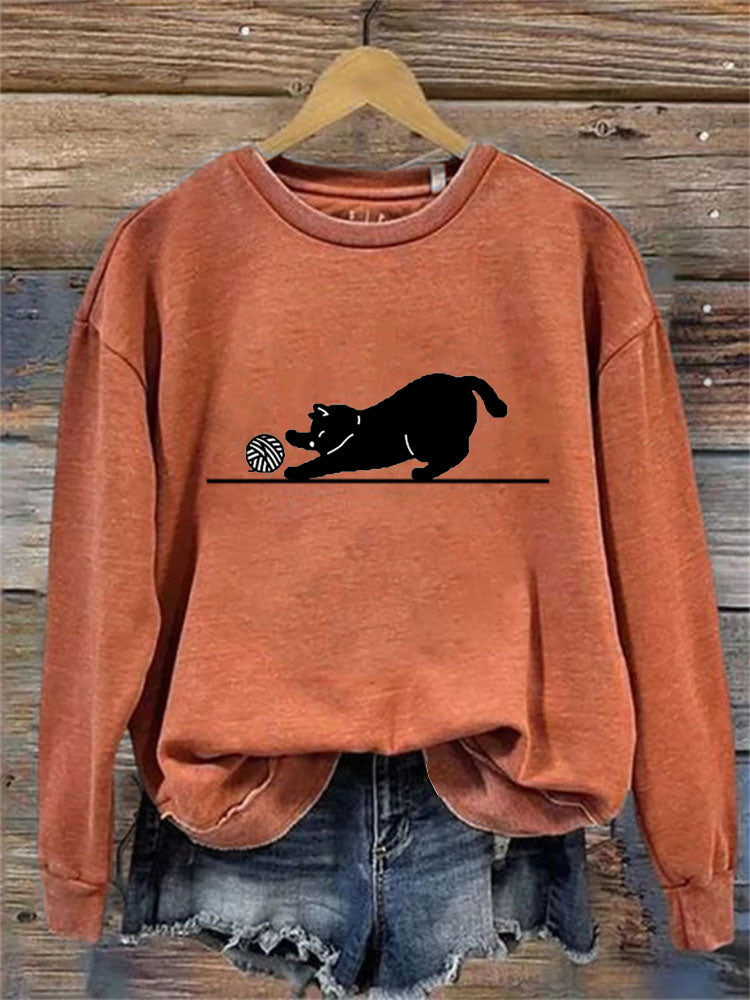 Women's Casual Funny Black Cat Print Sweatshirt elevenforest