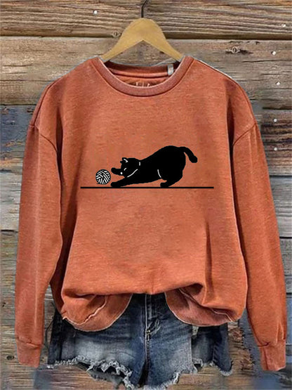 Women's Casual Funny Black Cat Print Sweatshirt elevenforest