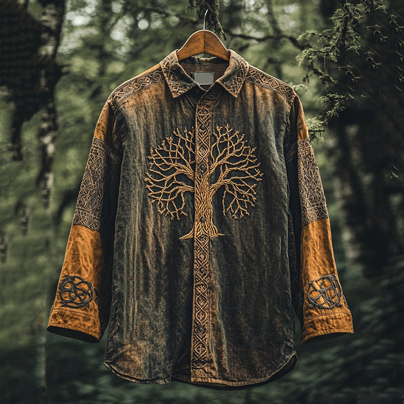 Men's Viking Mythology Tree Of Life  Lapel Tie Dyed Long Sleeved Shirt elevenforest