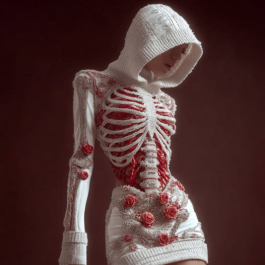 Comstylish Women's Skeleton Roses Art Cozy Knit Hooded Mini Sweater Dress