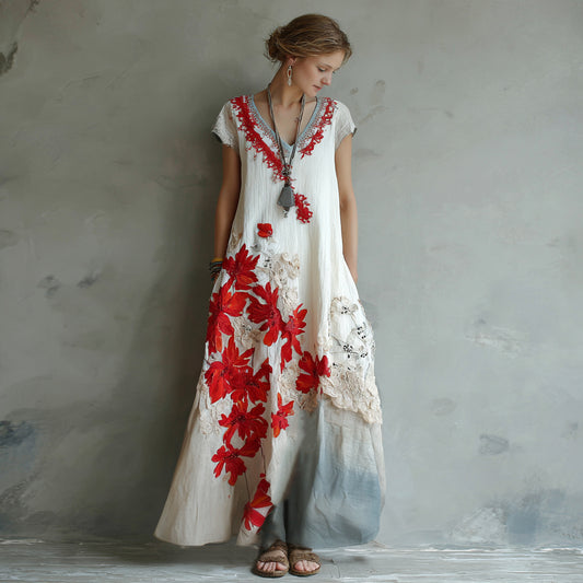 Women's Retro Red Spider Lily Cotton And Linen V-neck Dress elevenforest