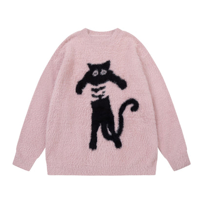 Abstract Black Cat Graphic Jacquard Art Fuzzy Knit Unisex Sweater elevenforest
