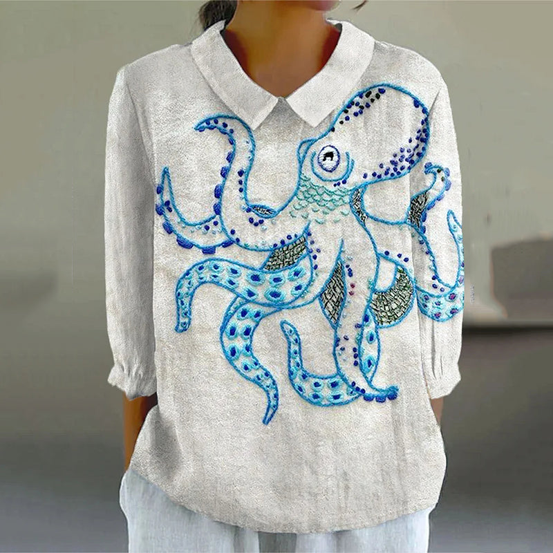 Comstylish Women's Vintage Abstract Fish Octopus Art Print Casual Cotton And Linen 3/4 Sleeve Shirt