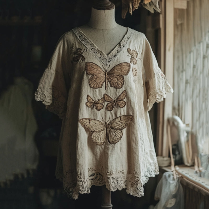 Vintage  Butterfly And Dragonfly Embroidery Linen Art Lace Trim Women's Linen Shirt elevenforest