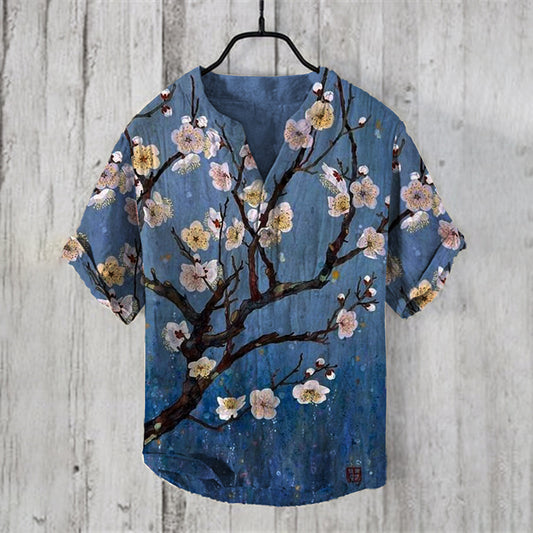 Men's Vintage Japanese Art Plum Blossom Casual Linen Blend Shirt elevenforest